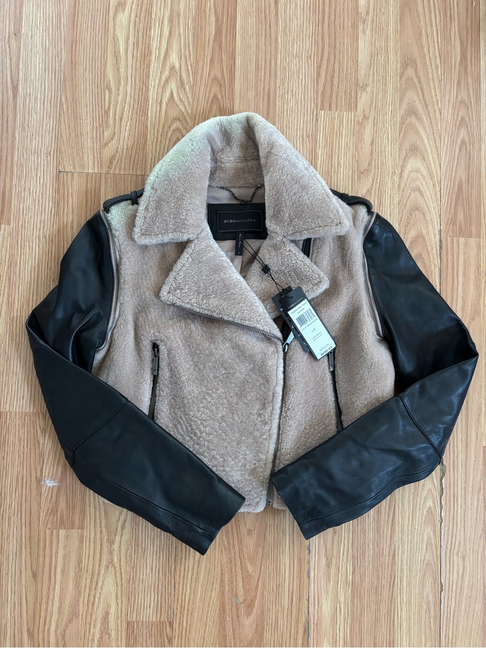 BCBGMaxAzria Taupe Shearling Moto Jacket with Black Leather Sleeves